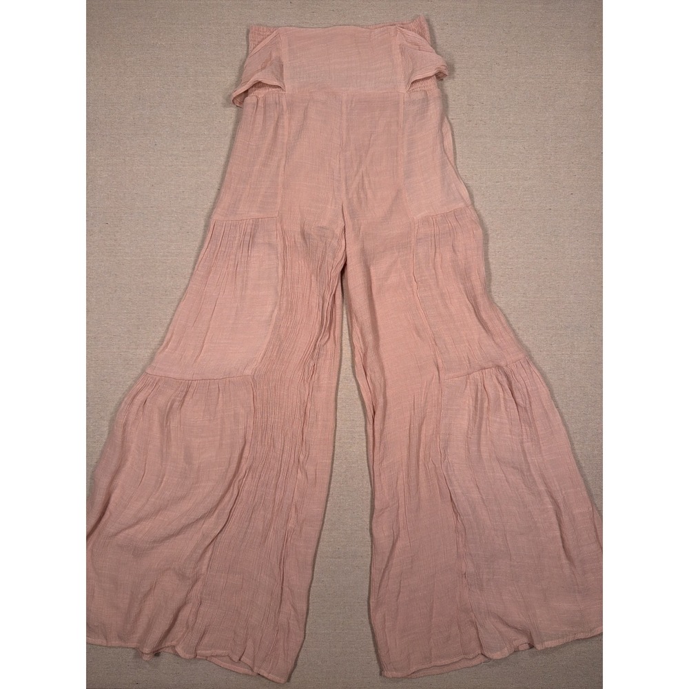 Boho Pink Gauze Wide Leg Tiered Palazzo Jumpsuit Smocked Tie Back